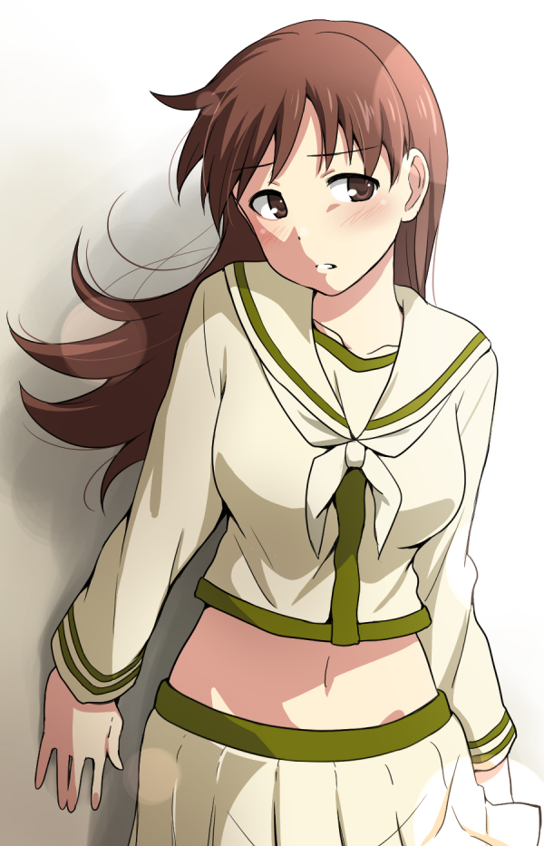 1girl blush breasts brown_eyes brown_hair collarbone ikari_manatsu kantai_collection long_hair long_sleeves looking_at_viewer navel neckerchief ooi_(kantai_collection) pleated_skirt school_uniform serafuku skirt solo