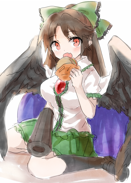 1girl arm_cannon bird_wings blush bow breasts brown_hair collar collared_shirt eating fang food frills furorida hair_bow hamburger large_breasts loafers long_hair looking_at_viewer open_mouth red_eyes reiuji_utsuho sanpaku shirt shoes simple_background sitting sketch skirt socks solo touhou weapon white_background wings