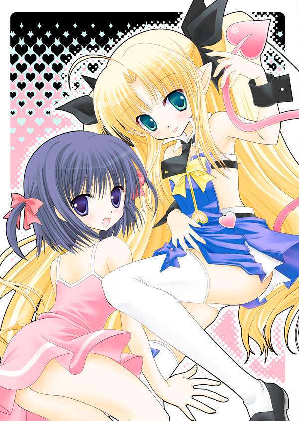 2girls :d :p ahoge astarotte_ygvar bare_shoulders blonde_hair bow bow_legwear demon_tail detached_collar dress green_eyes hair_bow heart_cutout long_hair lotte_no_omocha! multiple_girls navel_cutout no_panties open_mouth oreiro panties pantyshot pink_dress pointy_ears purple_hair short_hair short_twintails smile tail thigh-highs tongue tongue_out touhara_asuha twintails underwear very_long_hair violet_eyes white_legwear white_panties wrist_cuffs