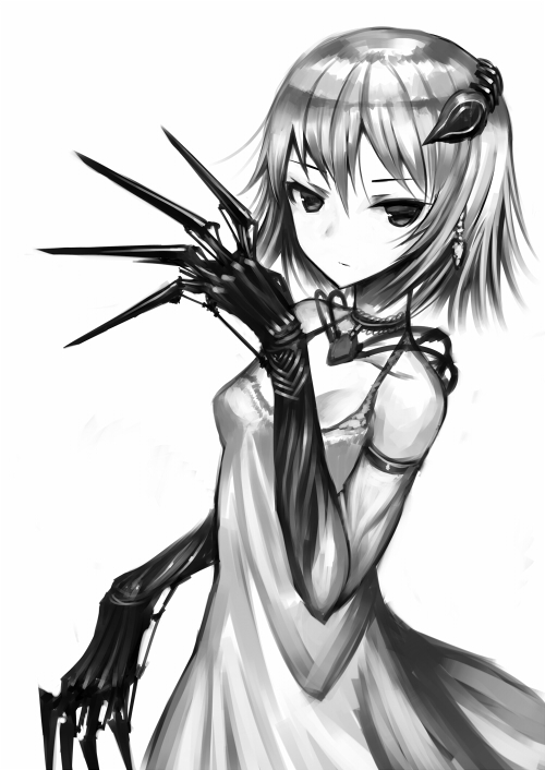 1girl bare_shoulders claws dress earrings gia headgear jewelry monochrome original short_hair simple_background solo