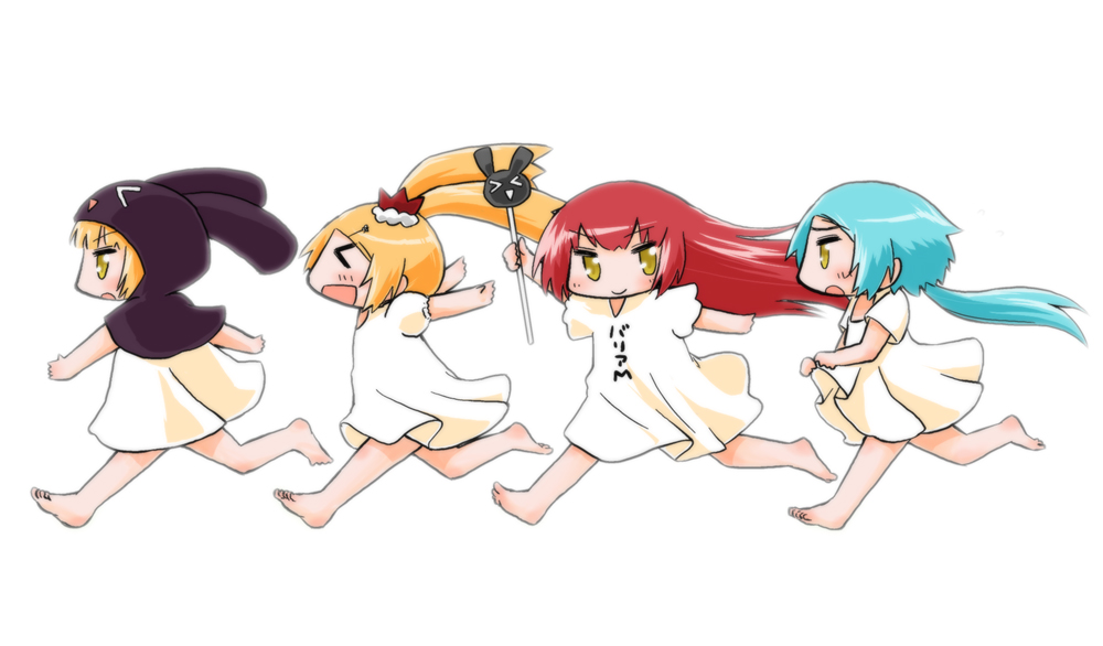 &gt;:) &gt;:d &gt;_&lt; 4girls :d animal_hood aqua_hair barefoot blonde_hair blush bunny_hood character_request chibi closed_eyes clothes_writing eyebrows eyebrows_visible_through_hair full_body holding long_hair low_ponytail multiple_girls open_mouth outstretched_arms profile redhead running senkou_no_ronde serizawa_enono short_sleeves simple_background skirt skirt_lift smile stick translation_request triangle_mouth twintails very_long_hair white_background yellow_eyes
