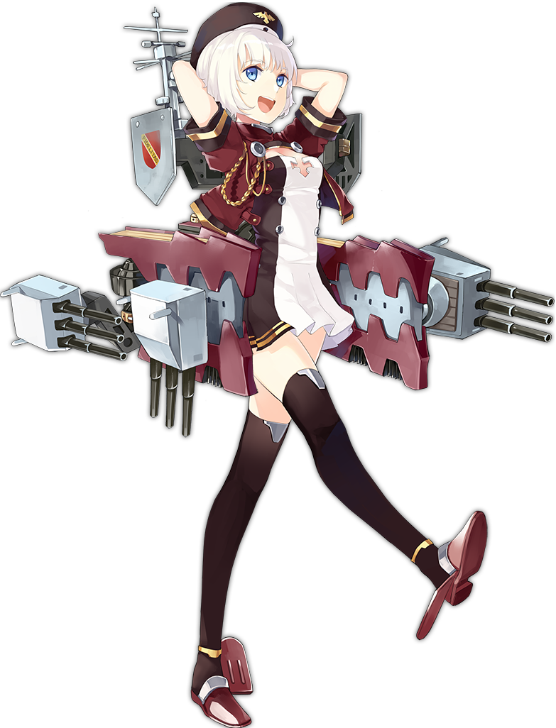 1girl :d aiguillette arms_behind_head azur_lane bangs black_hat black_legwear blue_eyes breasts cropped_jacket dress eyebrows eyebrows_visible_through_hair full_body hao_(patinnko) hat jacket karlsruhe_(azur_lane) leg_up military military_uniform official_art open_mouth red_footwear red_jacket shoes short_dress short_hair short_sleeves small_breasts smile solo standing standing_on_one_leg tachi-e teeth thigh-highs tongue transparent_background uniform white_hair zettai_ryouiki