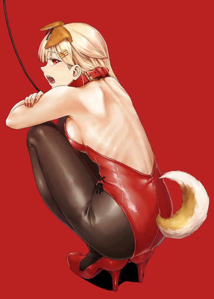 animal_ears bare_back blonde_hair breasts bunnysuit collar dog_collar dog_ears dog_tail hair_ornament hairclip high_heels kantai_collection leash medium_breasts nathaniel_pennel open_mouth pantyhose red_eyes sideboob squatting tail yuudachi_(kantai_collection)