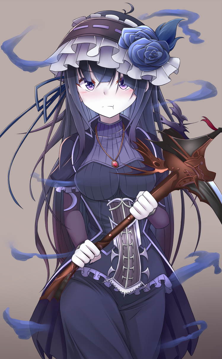 &gt;:t 1girl :t antenna_hair bangs blue_rose breasts brown_background celeste_(granblue_fantasy) closed_mouth doyachii dress eyebrows eyebrows_visible_through_hair fingernails flower fog frilled_sleeves frills ghost gradient gradient_background granblue_fantasy hair_between_eyes hairband highres holding holding_weapon jewelry long_fingernails long_hair long_sleeves looking_at_viewer medium_breasts nail_polish necklace pickaxe pout puffy_short_sleeves puffy_sleeves purple_dress purple_hair purple_nails ribbed_dress ribbon_trim rose sharp_fingernails short_sleeves solo taut_clothes taut_dress very_long_hair violet_eyes weapon white_skin