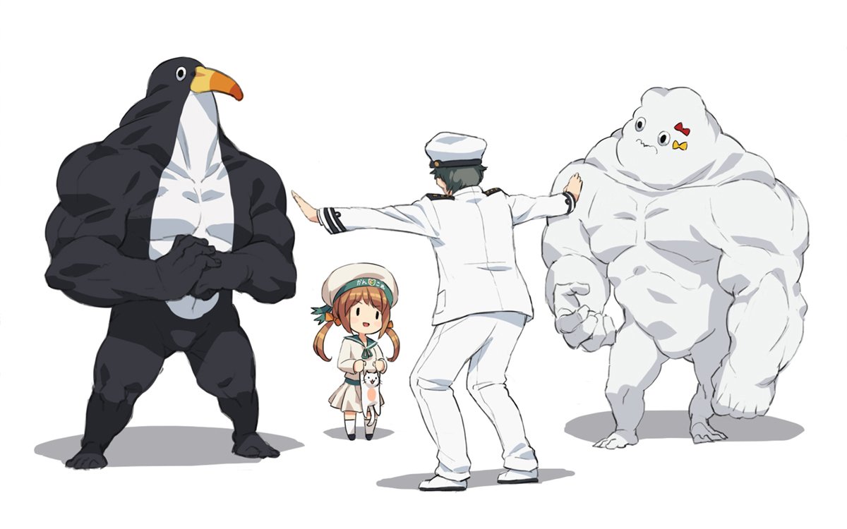 &gt;:d 1boy 1girl :d admiral_(kantai_collection) animal bacius beret black_hair bow brown_hair cat clothes_writing commentary creature error_musume failure_penguin girl_holding_a_cat_(kantai_collection) hair_bow hat holding_animal jacket jurassic_park jurassic_world kantai_collection kneehighs long_hair long_sleeves looking_at_another military miss_cloud muscle open_mouth outstretched_arms pants parody peaked_cap prattkeeping school_uniform serafuku shoes shoshinsha_mark simple_background smile spread_arms standing twintails white_background white_legwear