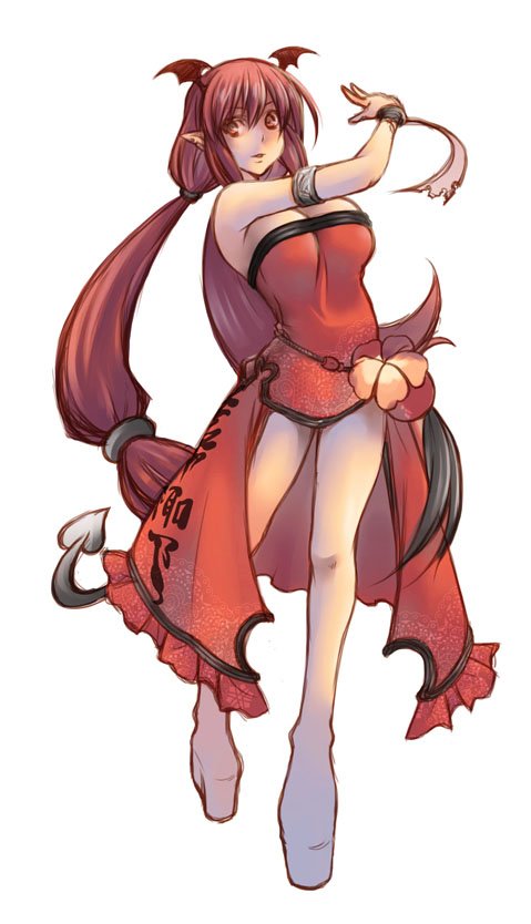 1girl alternate_costume alternate_hairstyle bare_shoulders bat_wings breasts cleavage demon_tail flower full_body head_wings koakuma large_breasts long_hair nikubanare parted_lips pointy_ears ponytail red_eyes redhead sidelocks simple_background solo tail touhou very_long_hair white_background wings
