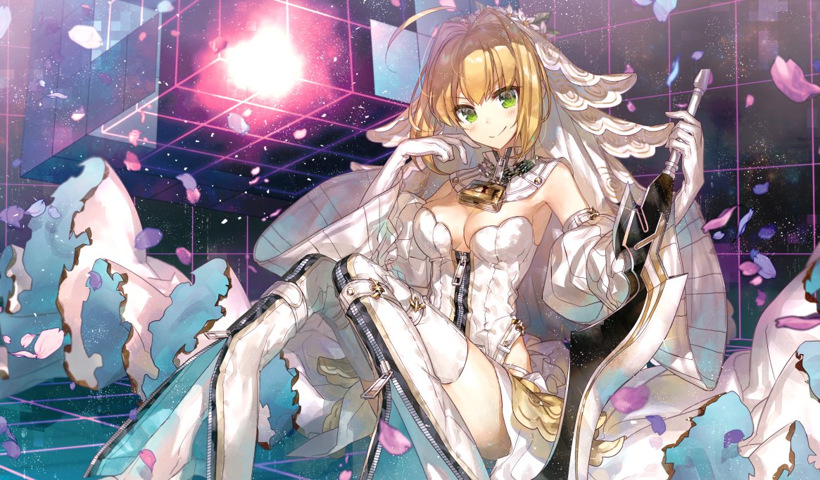 1girl blonde_hair blush bodysuit boots breasts bridal_veil chokoan_(tyokoa4649) commentary cube dress fate/extra fate/extra_ccc fate/grand_order fate_(series) gloves green_eyes looking_at_viewer petals saber_bride saber_extra sitting smile solo sword thigh-highs thigh_boots veil weapon wedding_dress white_gloves zipper