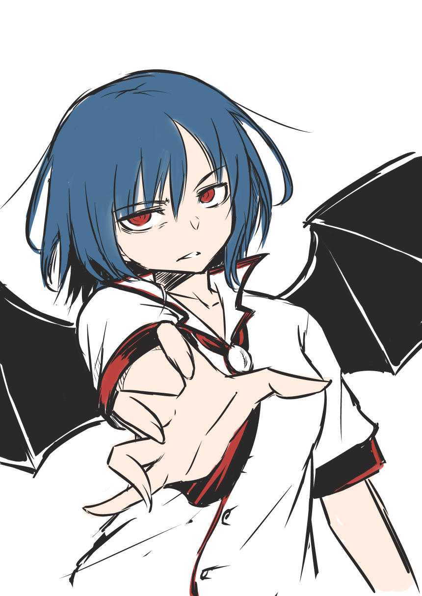 1girl bat_wings blue_hair highres looking_at_viewer m92fs no_hat no_headwear outstretched_arm red_eyes remilia_scarlet shirt short_hair solo touhou upper_body white_shirt wings