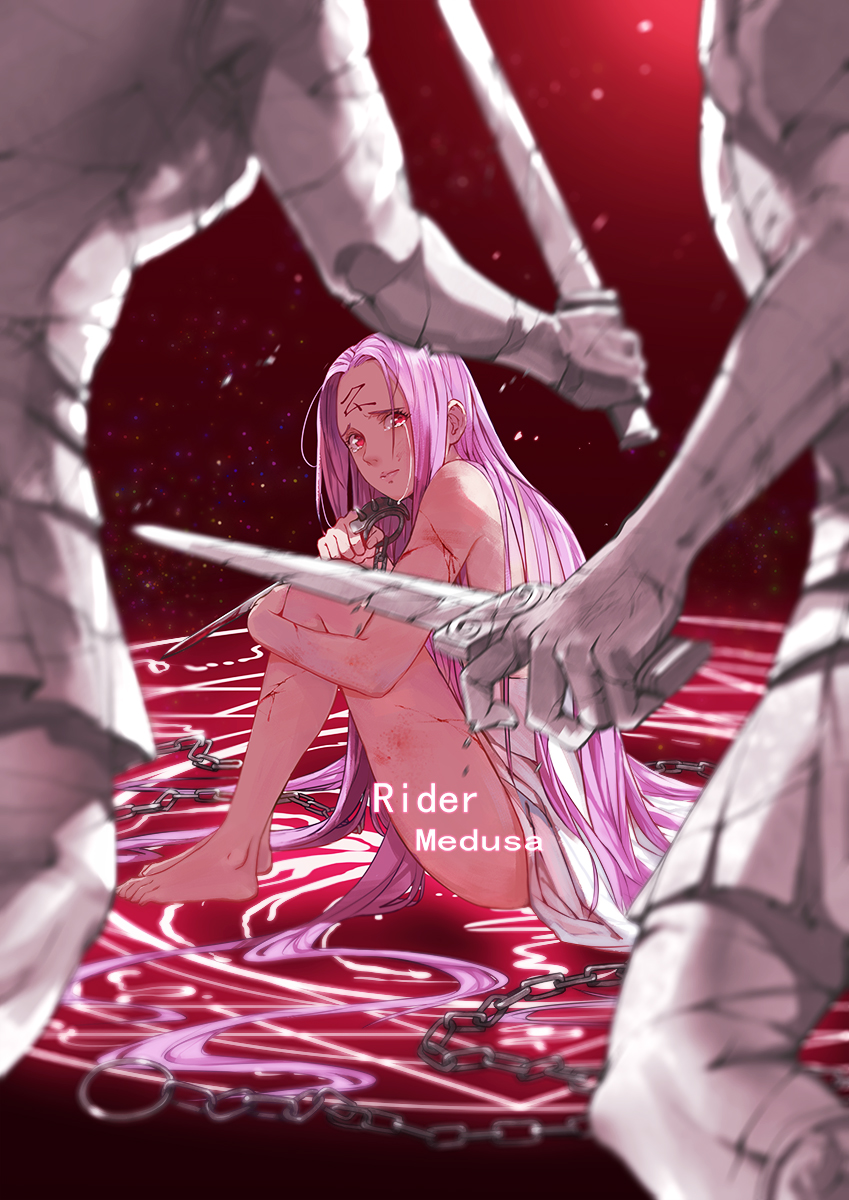 1girl bare_arms bare_legs barefoot blood bloody_weapon blurry chain character_name closed_mouth crack crying crying_with_eyes_open cuts depth_of_field facial_mark fate/extra fate/grand_order fate_(series) forehead_mark gradient gradient_background highres holding holding_sword holding_weapon injury jun_ling leg_hug light_particles long_hair looking_at_viewer magic_circle medusa_(fate)_(all) motion_blur nude purple_hair red_background red_eyes rider scratches sitting solo spikes statue sword tears very_long_hair weapon why