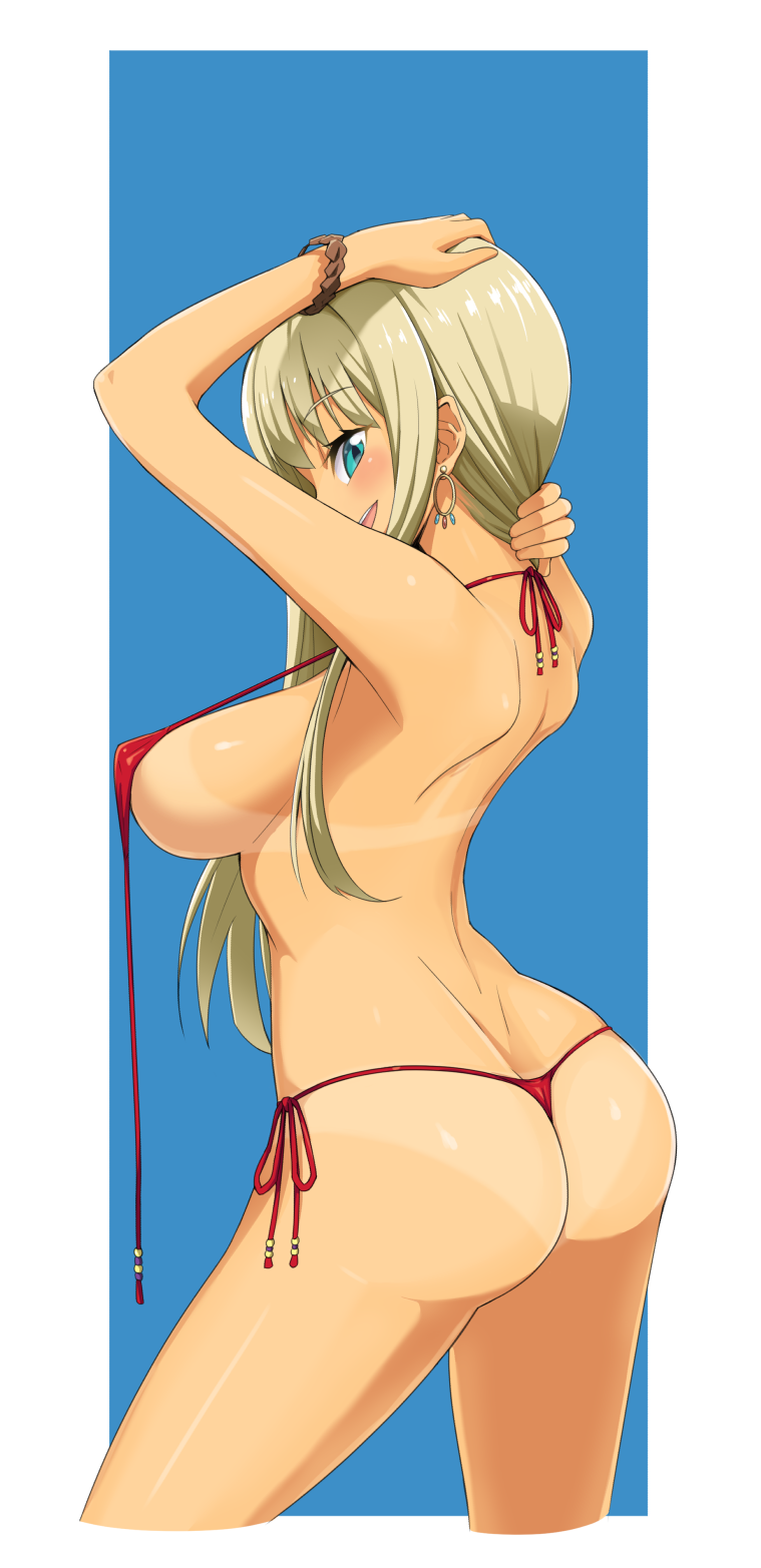 1girl :d alessandra_susu arm_behind_head ass back blue_eyes blush bow breasts covered_nipples earrings highres jewelry looking_at_viewer nash_(na-si) open_mouth red_bow sideboob smile solo tan tanline tokyo_7th_sisters