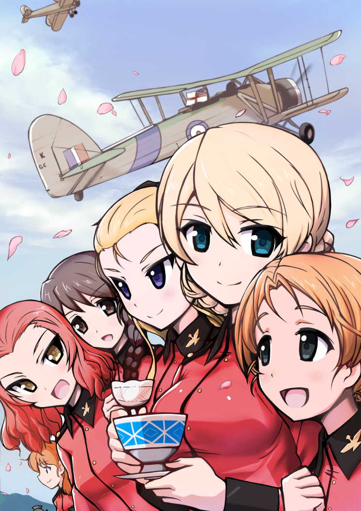 &gt;:) &gt;:d 6+girls :d aegis_(nerocc) aircraft airplane assam bangs biplane blonde_hair blue_eyes bow braid brown_eyes brown_hair cherry_blossoms closed_mouth clouds cloudy_sky commentary cup darjeeling emblem extra eyebrows eyebrows_visible_through_hair flag girls_und_panzer hair_bow hair_over_shoulder hair_ribbon holding holding_cup jacket long_hair long_sleeves looking_at_another looking_at_viewer multiple_girls open_mouth orange_hair orange_pekoe parted_bangs red_jacket redhead ribbon rosehip roundel rukuriri saucer short_hair single_braid sky smile teacup tied_hair twin_braids vehicle_request