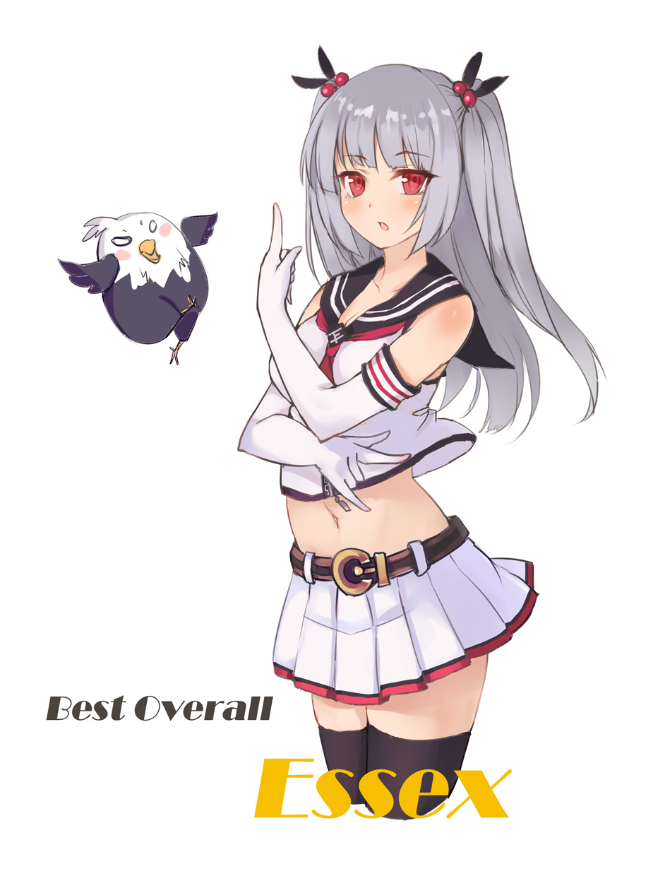 1girl belt bird black_legwear blush blush_stickers breasts character_name chibi commentary_request cosplay cowboy_shot crop_top eagle elbow_gloves enterprise_(zhan_jian_shao_nyu) enterprise_(zhan_jian_shao_nyu)_(cosplay) essex_(zhan_jian_shao_nyu) eyebrows eyebrows_visible_through_hair g.h_(gogetsu) gloves grey_hair highres long_hair looking_at_viewer miniskirt navel open_mouth pleated_skirt pointing pointing_up pose red_eyes sailor_collar shirt skirt sleeveless text thigh-highs twintails white_background white_gloves white_shirt white_skirt zettai_ryouiki zhan_jian_shao_nyu zipper