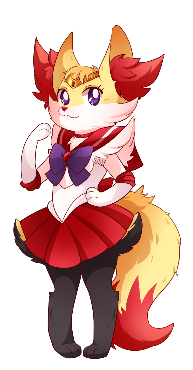 bishoujo_senshi_sailor_moon braixen circlet cosplay highres looking_at_viewer pink_(4chan) pokemon pokemon_(creature) red_skirt sailor_mars sailor_mars_(cosplay) skirt smile solo standing violet_eyes