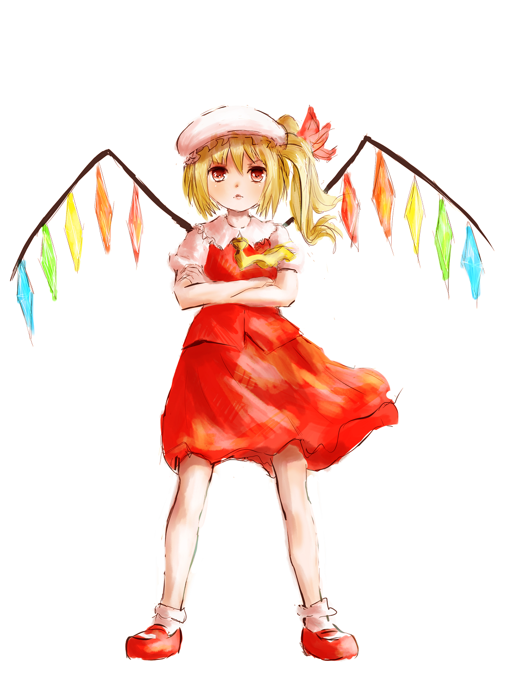 1girl ascot blonde_hair bobby_socks crossed_arms expressionless flandre_scarlet full_body hair_ribbon hat highres lips looking_at_viewer mary_janes mob_cap ougibro_(spookybro) puffy_short_sleeves puffy_sleeves red_eyes ribbon shoes short_sleeves side_ponytail simple_background sketch skirt skirt_set socks solo standing touhou white_background wind wings