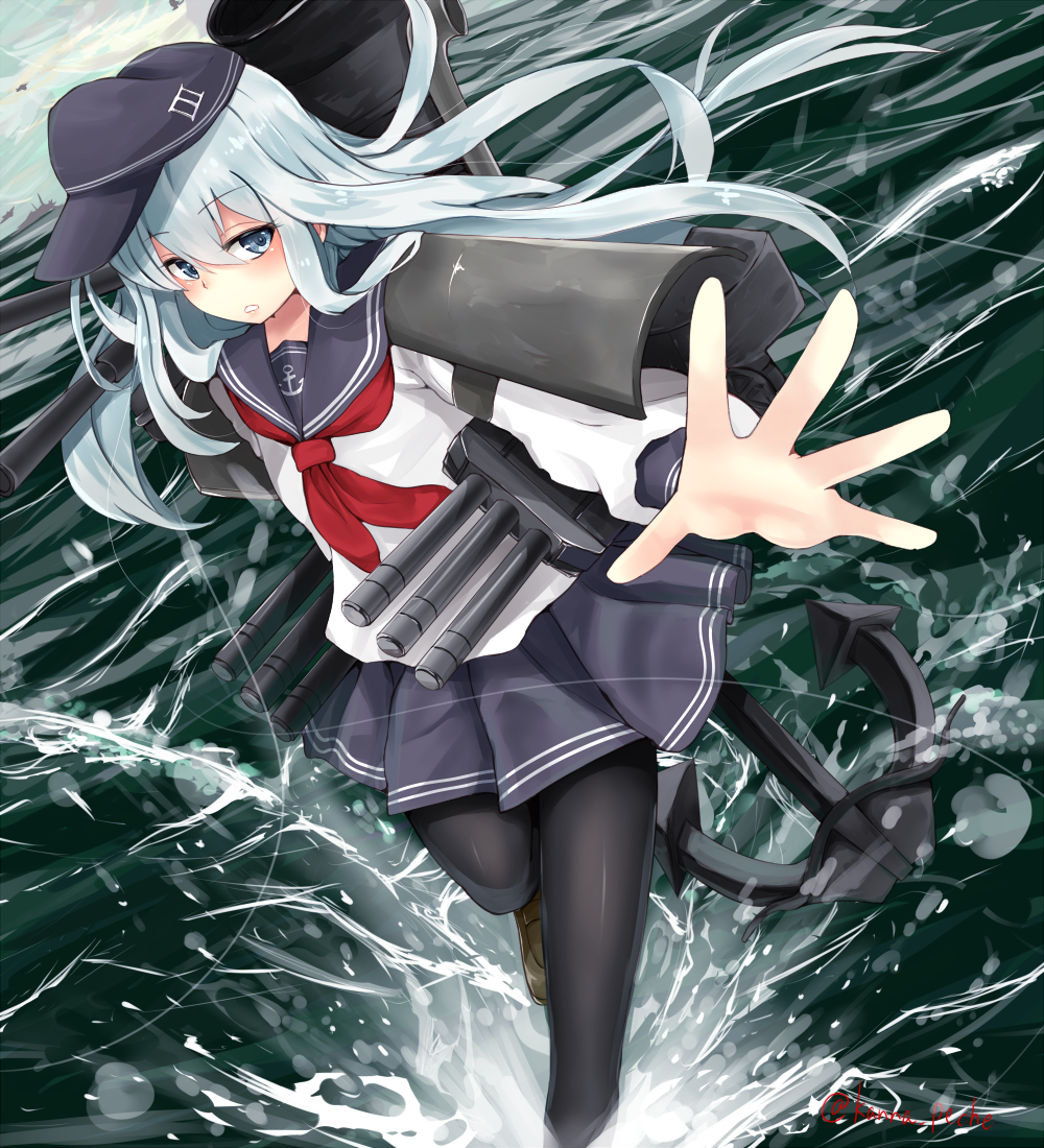 1girl anchor anchor_symbol black_legwear blue_eyes closed_mouth commentary_request eyebrows eyebrows_visible_through_hair flat_cap hat hibiki_(kantai_collection) kanna_(horntp) kantai_collection long_hair long_sleeves looking_at_viewer neckerchief outstretched_arm pantyhose pleated_skirt school_uniform serafuku silver_hair skirt solo