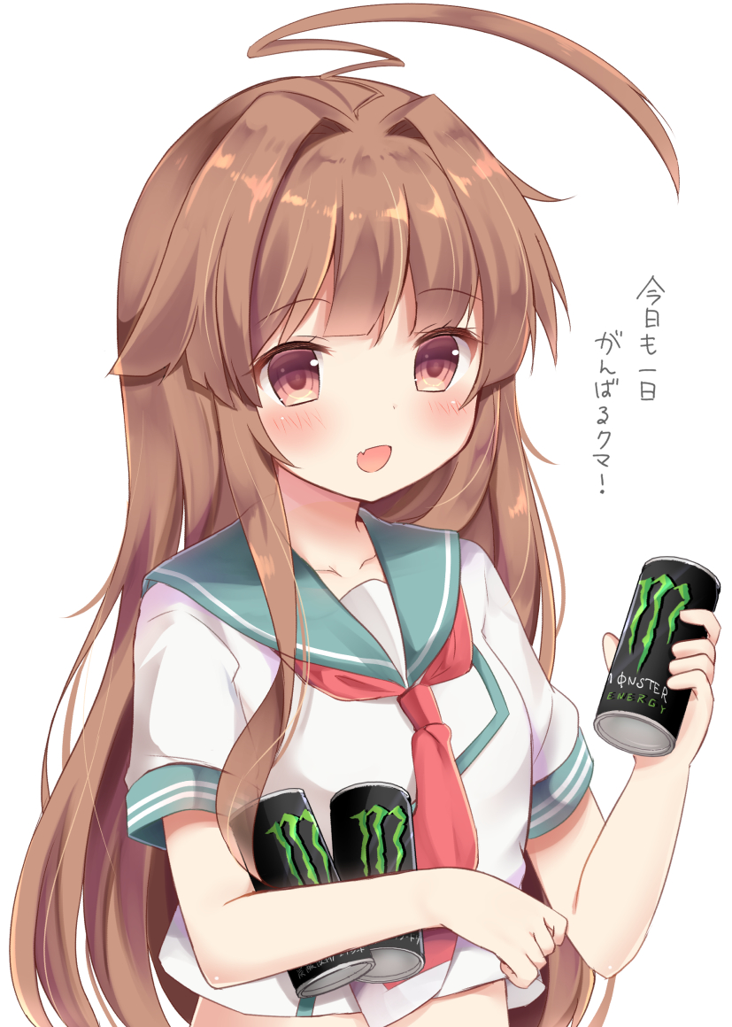 1girl :d ahoge blush brown_eyes brown_hair holding_can kantai_collection kuma_(kantai_collection) long_hair masayo_(gin_no_ame) monster_energy neckerchief open_mouth sailor_collar school_uniform serafuku shirt short_sleeves simple_background smile solo translation_request white_background
