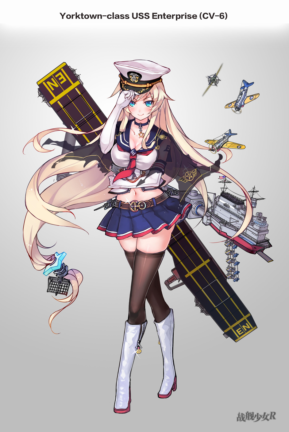 1girl aircraft airplane american_flag belt blonde_hair blue_eyes boots breasts brown_legwear cape character_name choker cleavage commentary_request copyright_name elbow_gloves enterprise_(zhan_jian_shao_nyu) flight_deck full_body g.h_(gogetsu) gloves grey_background hat highres knee_boots large_breasts long_hair looking_at_viewer low-tied_long_hair machinery mecha_musume midriff miniskirt navel official_art pleated_skirt sbd_dauntless skirt smile text thigh-highs uss_enterprise_(cv-6) very_long_hair white_boots white_gloves white_legwear zettai_ryouiki zhan_jian_shao_nyu