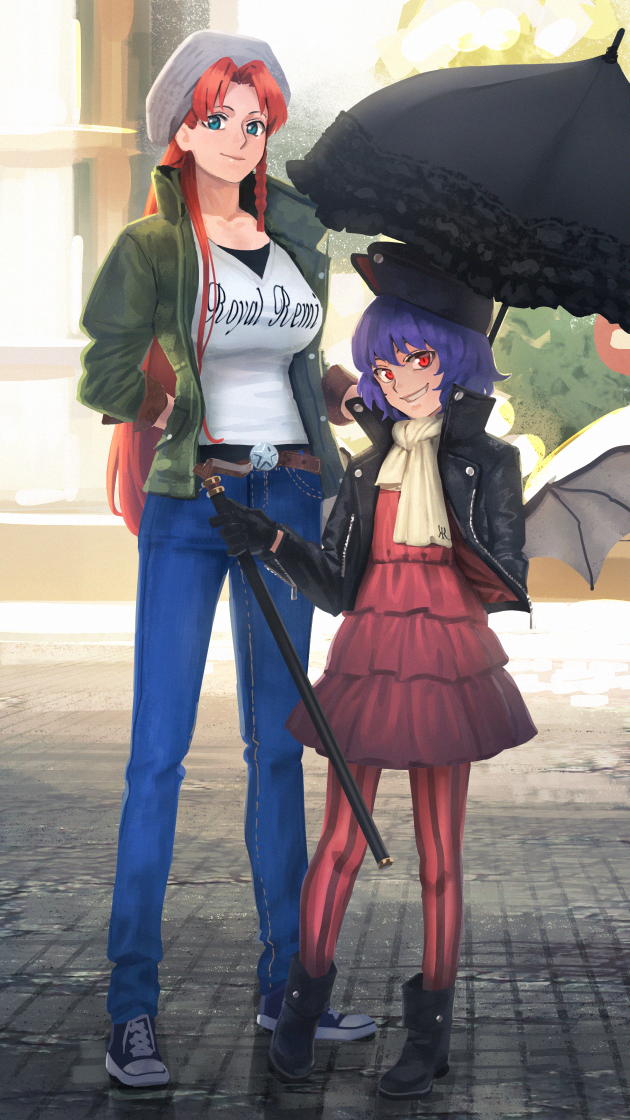 2girls alternate_costume amino_(tn7135) bat_wings belt black_gloves blue_hair boots breasts cane contemporary denim dress gloves green_eyes grin height_difference hong_meiling jacket jeans large_breasts long_hair multiple_girls pants pantyhose plant red_eyes redhead remilia_scarlet scarf shoes smile sneakers star striped striped_legwear touhou umbrella vertical-striped_legwear vertical_stripes window wings