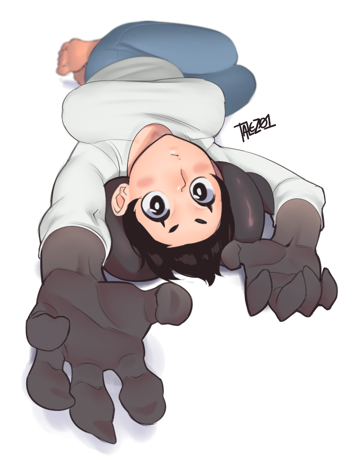 1girl barefoot black_eyes black_hair blush breasts claws denim dera_(talez01) foreshortening horns jeans large_breasts legs_folded looking_at_viewer lying on_back original pants sheep_horns shirt short_hair solo talez01 taut_clothes taut_shirt upside-down