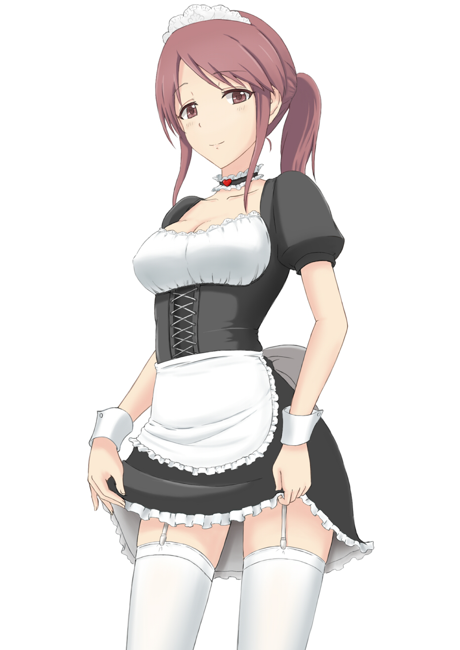 1girl 1mm alternate_costume apron breasts brown_eyes brown_hair choker cleavage closed_mouth collarbone commentary_request enmaided eyebrows eyebrows_visible_through_hair frilled_choker frills garter_straps highres idolmaster idolmaster_cinderella_girls long_hair looking_at_viewer maid maid_apron maid_headdress medium_breasts mifune_miyu ponytail simple_background skirt skirt_lift smile solo underbust white_background white_legwear wrist_cuffs