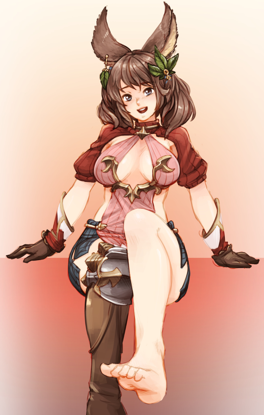 1girl animal_ears barbariank barefoot boots breasts brown_hair cleavage feet gloves granblue_fantasy hair_ornament highres la_coiffe_(granblue_fantasy) leaf_hair_ornament legs long_hair looking_at_viewer medium_breasts miniskirt open_mouth puffy_sleeves short_sleeves single_shoe skirt thigh-highs
