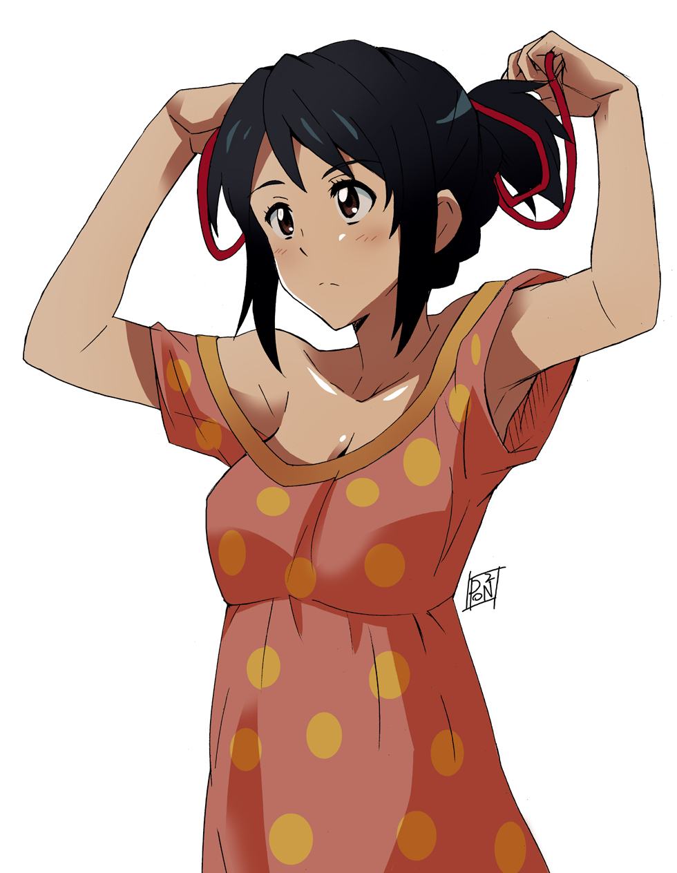 1girl anime_coloring armpits arms_up artist_name bangs bare_shoulders black_hair blush braid breasts brown_eyes cleavage collarbone dress eyebrows eyebrows_visible_through_hair hair_ornament hair_ribbon hairdressing hands_up highres kimi_no_na_wa miyamizu_mitsuha polka_dot polka_dot_dress ponpon ponytail red_string signature simple_background sleepwear solo string tying_hair upper_body white_background