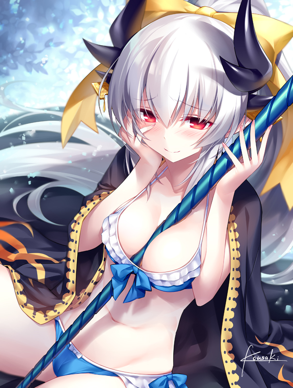 1girl artist_name between_breasts bikini blue_bikini blush bow breasts coat eyebrows eyebrows_visible_through_hair fate/grand_order fate_(series) frilled_bikini frills hair_between_eyes hair_bow horns kiyohime_(fate/grand_order) kiyohime_(swimsuit_lancer)_(fate) kousaki_rui long_hair navel polearm ponytail red_eyes signature smile solo swimsuit swimsuit_under_clothes weapon