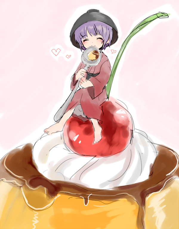1girl ^_^ barefoot blush bowl bowl_hat cherry closed_eyes eating food fruit furorida hat heart in_food japanese_clothes pudding purple_hair short_hair simple_background sitting sitting_on_object sketch smile solo spoon sukuna_shinmyoumaru touhou wide_sleeves