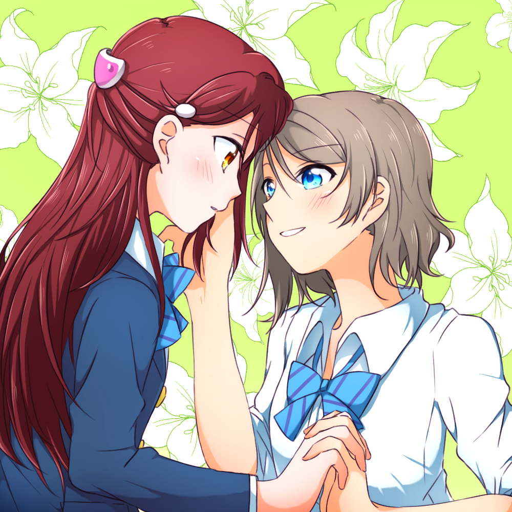 2girls blazer blue_bow blue_bowtie blue_eyes blush bow bowtie collared_shirt commentary_request eye_contact face-to-face floral_background flower grey_hair grin hair_ornament hairclip half_updo hand_on_another's_cheek hand_on_another's_face holding_hands interlocked_fingers jacket lily_(flower) long_hair long_sleeves looking_at_another love_live! love_live!_sunshine!! multiple_girls redhead sakurauchi_riko school_uniform shirt short_hair sleeves_rolled_up smile striped striped_bow striped_bowtie upper_body watanabe_you white_shirt yellow_eyes yuchi_(salmon-1000) yuri