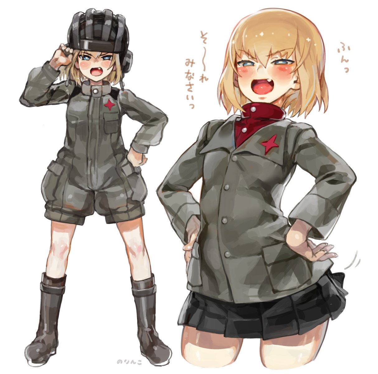 &gt;:d 1girl :d ankle_boots black_skirt blonde_hair blue_eyes blush boots brown_boots eyebrows eyebrows_visible_through_hair fang girls_und_panzer hair_between_eyes hand_on_hip hands_on_hips helmet highres katyusha looking_at_viewer military military_uniform motion_line multiple_views norinco open_mouth red_shirt school_uniform shirt simple_background skirt smile standing translation_request turtleneck uniform white_background