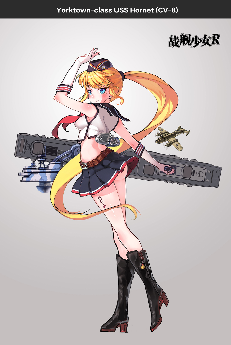 1girl ass b-25_mitchell blonde_hair blue_eyes boots character_name commentary_request copyright_name crop_top crop_top_overhang elbow_gloves full_body g.h_(gogetsu) garrison_cap gloves grey_background hat highres hornet_(zhan_jian_shao_nyu) knee_boots long_hair looking_back mecha_musume midriff military military_vehicle miniskirt official_art ponytail sailor_collar sailor_hat sailor_shirt ship shirt skirt smile solo tattoo text very_long_hair warship watercraft waving weapon zhan_jian_shao_nyu