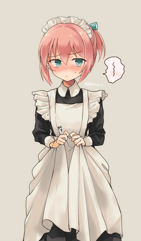 1girl alternate_costume apron bangs black_dress blue_eyes blush closed_mouth dress enmaided eyebrows_visible_through_hair grey_background hair_between_eyes hair_ribbon kantai_collection long_sleeves maid maid_dress maid_headdress pink_hair ponytail r-king ribbon shiranui_(kantai_collection) simple_background skirt_hold solo speech_bubble spoken_blush sweat twitter_username white_apron