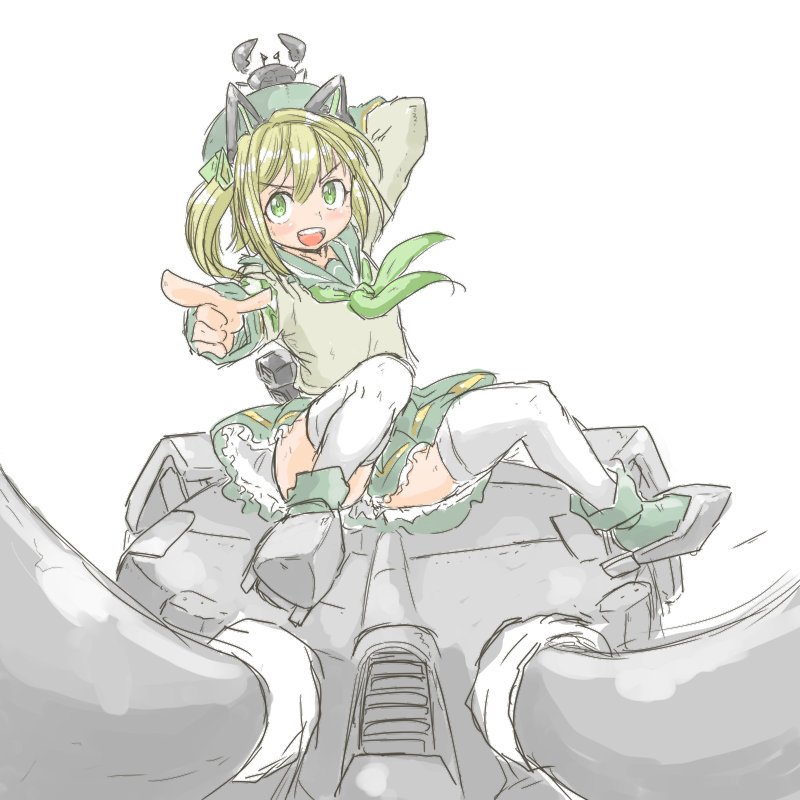 &gt;:d 1girl :d animal animal_ears animal_on_head blonde_hair blush boyo_(hellmayuge) cannon crab fake_animal_ears foreshortening green_eyes green_hat green_shoes green_skirt hand_behind_head hat legs_apart looking_at_viewer machinery open_mouth pleated_skirt pointing pointing_at_viewer roberts_(zhan_jian_shao_nyu) sailor_collar sailor_shirt shirt shoes side_ponytail sitting sketch skirt smile teeth thigh-highs turret white_background white_legwear zhan_jian_shao_nyu