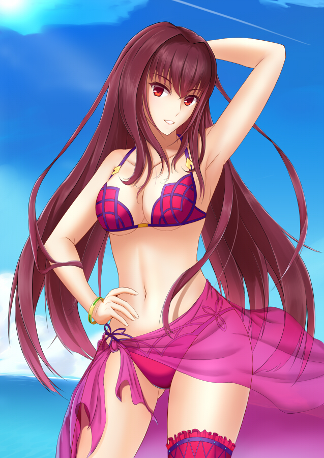 1girl arm_up armpits bikini bracelet breasts cowboy_shot day fate/grand_order fate_(series) jewelry long_hair looking_at_viewer navel ocean outdoors purple_hair randoru red_eyes sarong scathach_(fate/grand_order) scathach_(swimsuit_assassin)_(fate) see-through sky smile solo standing swimsuit