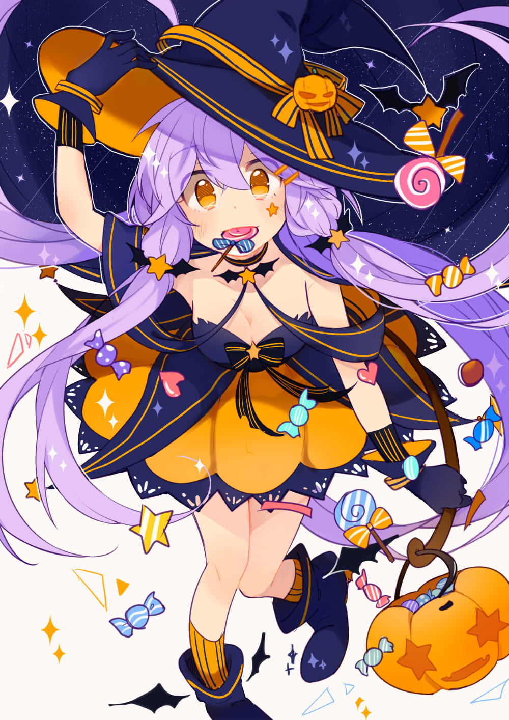 blue_hair blush brown_eyes halloween hat long_hair low_twintails stardust_(vocaloid) twintails vocaloid