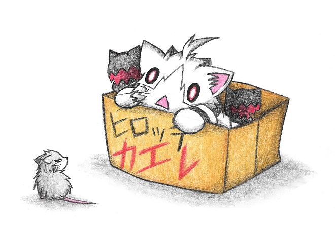0_0 ahoge animalization box cat colored_pencil_(medium) commentary_request dainamitee enemy_aircraft_(kantai_collection) for_adoption go_back! in_box in_container kantai_collection kitten no_humans non-human_admiral_(kantai_collection) northern_ocean_hime rat shinkaisei-kan simple_background traditional_media translated triangle_mouth white_background white_cat