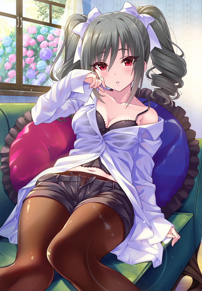 1girl barefoot black_shorts blush bow breasts cleavage collarbone collared_shirt couch dress_shirt drill_hair expressionless eyebrows_visible_through_hair flower frilled_pillow frills grey_hair hair_between_eyes hair_bow hydrangea idolmaster idolmaster_cinderella_girls indoors kanzaki_ranko knees_together_feet_apart long_hair long_sleeves looking_at_viewer medium_breasts navel off_shoulder on_couch open_clothes open_fly open_shirt pantyhose_under_shorts parted_lips pillow red_eyes shirt shorts sleeves_past_wrists solo tsurime twin_drills twintails urabi_(tomatohouse) white_bow window wing_collar
