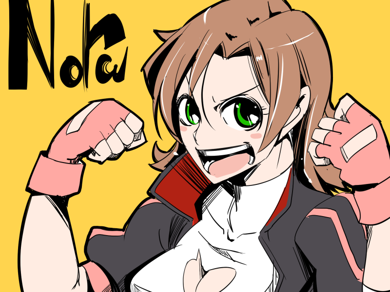&gt;:d 1girl :d blush_stickers brown_hair character_name cleavage_cutout clenched_hands green_eyes heart_cutout kishiri_(sakurasaku_xyli) looking_at_viewer nora_valkyrie open_mouth rwby simple_background smile solo upper_body yellow_background