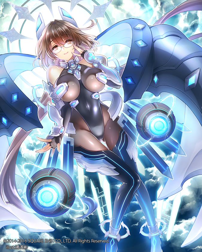 1girl 2014 2016 artist_name ass_visible_through_thighs bare_shoulders boots breasts brown_eyes brown_hair character_request closed_mouth clouds company_name covered_navel dated elbow_gloves english fingerless_gloves glasses gloves groin hair_between_eyes headgear large_breasts leotard long_hair looking_at_viewer lost_crusade number rimless_glasses smile solo thigh-highs thigh_boots very_long_hair watermark yuasa_akira