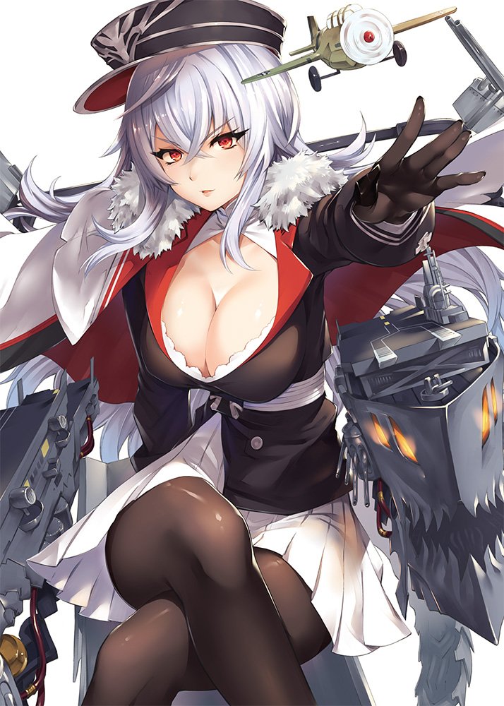 1girl aircraft airplane akanagi_youto azur_lane bangs black_jacket black_legwear breasts cleavage commentary eyebrows_visible_through_hair facing_viewer fur_trim gloves graf_zeppelin_(azur_lane) hair_between_eyes hat jacket large_breasts legs_crossed long_hair looking_at_viewer military military_uniform outstretched_arm pantyhose parted_lips peaked_cap red_eyes ship silver_hair sitting skirt solo uniform watercraft white_skirt
