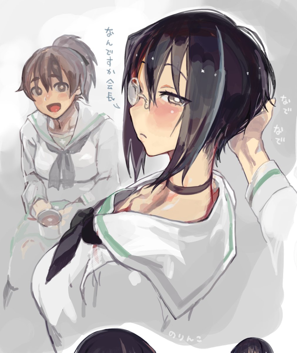 2girls :d black_eyes black_hair blush breasts brown_hair choker closed_mouth collarbone commentary_request cup frown girls_und_panzer green_skirt hair_between_eyes highres kawashima_momo koyama_yuzu long_sleeves looking_at_viewer medium_breasts monocle mug multiple_girls neckerchief norinco open_mouth outstretched_arm pleated_skirt ponytail profile school_uniform serafuku shirt short_hair sitting sketch skirt smile translation_request white_shirt