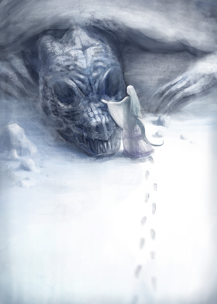 1girl dark_souls dragon dragon_girl dragon_tail dress footprints long_hair long_sleeves nukotama outdoors petting priscilla_the_crossbreed snow solo souls_(from_software) tail undead_dragon very_long_hair walking white white_dress white_hair wide_sleeves