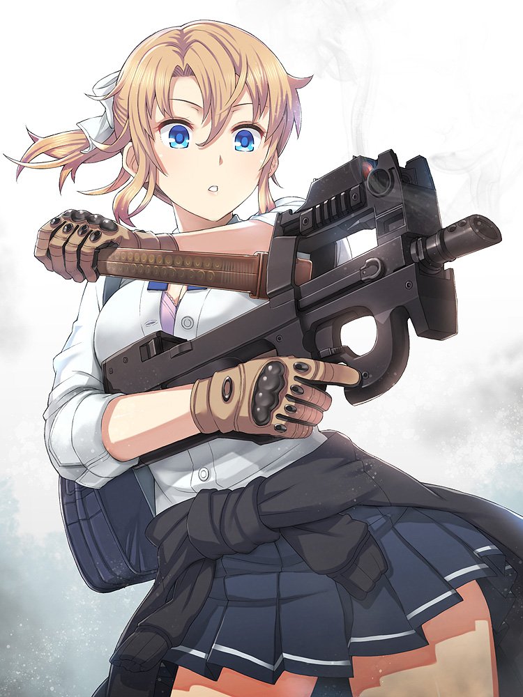 1girl bag bangs blonde_girl_(itou) blonde_hair blue_eyes blue_skirt bra breasts bullpup buttons cleavage clothes_around_waist cowboy_shot dress_shirt gun hair_between_eyes holding holding_gun holding_weapon itou_(onsoku_tassha) magazine_(weapon) medium_breasts original p90 parted_lips pink_bra pleated_skirt reloading school_bag school_uniform shirt skirt smoke solo submachine_gun sweater_around_waist unbuttoned unbuttoned_shirt underwear weapon white_shirt