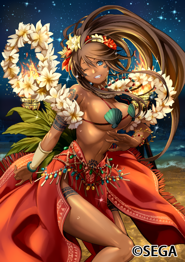 1girl ;) beach bead_bracelet beads blue_eyes bracelet breasts brown_hair chain_chronicle commentary_request dancer dancing dark_skin facial_tattoo flower grin i-la jewelry large_breasts leaf long_hair looking_at_viewer navel necklace night night_sky official_art one_eye_closed original pelvic_curtain ponytail sarong shell shell_bikini sideboob sky smile solo star_(sky) starry_sky stomach sweat tattoo torch under_boob very_long_hair