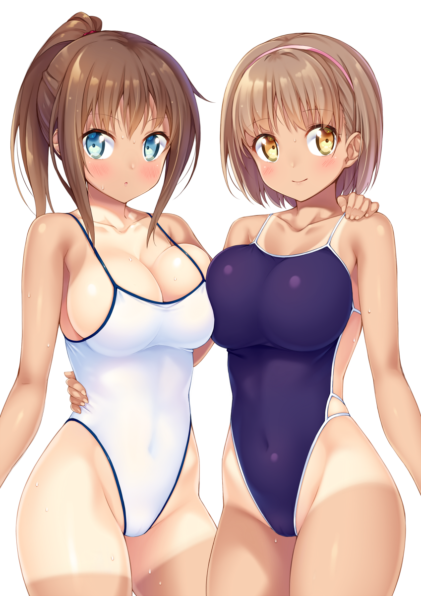 2girls blue_eyes blue_swimsuit blush breasts brown_eyes brown_hair cleavage collarbone competition_school_swimsuit hairband hand_on_another's_shoulder highleg highleg_swimsuit highres huge ichi_makoto large_breasts long_hair multiple_girls one-piece_swimsuit original ponytail school_swimsuit short_hair simple_background smile swimsuit tan tanline white_background white_school_swimsuit white_swimsuit yellow_eyes