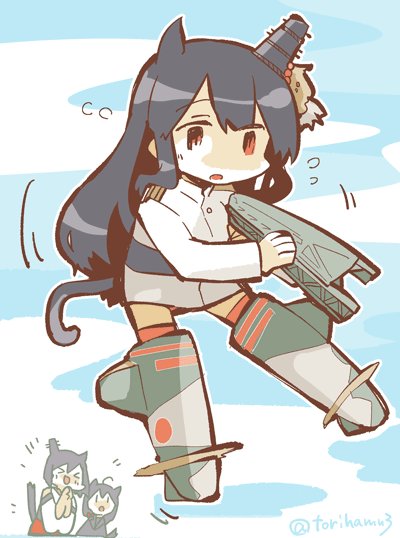 &gt;_&lt; 3girls :o animal_ears black_hair cat_ears cat_tail chibi_inset closed_eyes commentary_request fusou_(kantai_collection) headgear kantai_collection konno_akikaze long_hair multiple_girls red_eyes shigure_(kantai_collection) strike_witches striker_unit tail world_witches_series yamashiro_(kantai_collection)