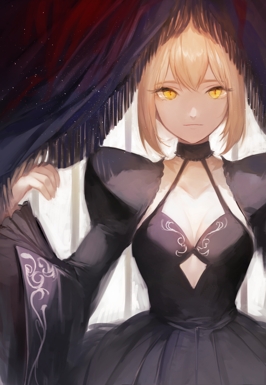 1girl black_dress blonde_hair breasts cleavage curtains dress fate/grand_order fate_(series) highres hojiro_(piko519) looking_at_viewer saber saber_alter solo yellow_eyes