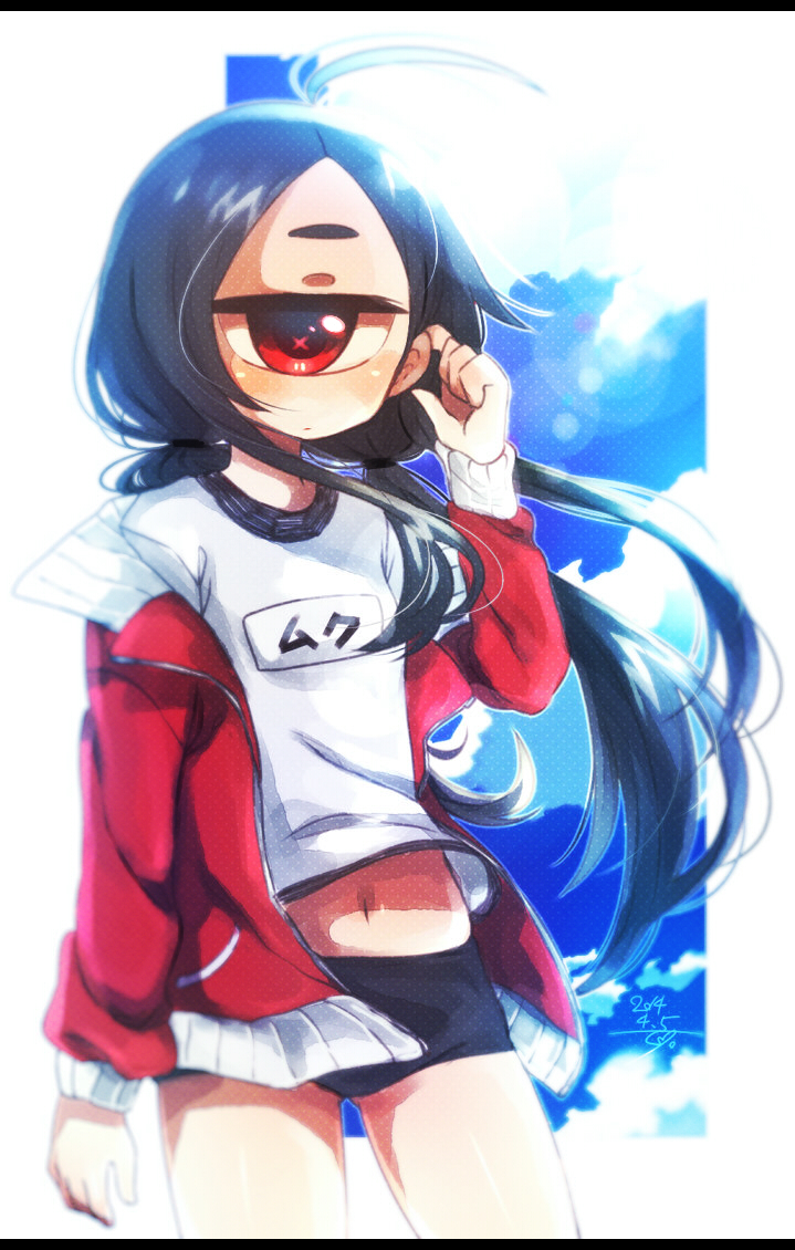 +_+ 1girl 2014 adjusting_hair ahoge black_hair blurry buruma clouds cloudy_sky commentary_request cowboy_shot cyclops dated depth_of_field dithering expressionless gym_uniform jacket jitome lens_flare letterboxed long_hair looking_at_viewer muroku_(aimichiyo0526) navel one-eyed original red_eyes shirt signature sky solo t-shirt very_long_hair