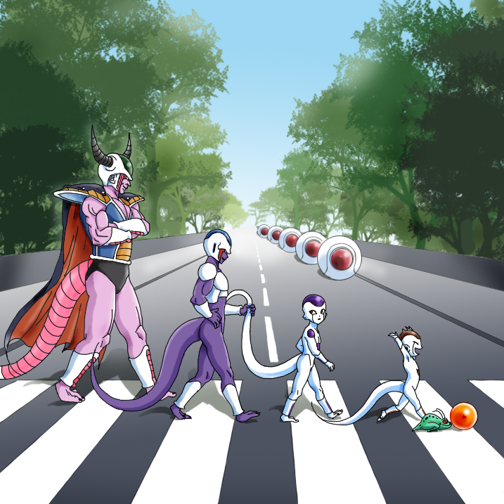 90s alien armor cape captain_ginyu character_request cooler_(dragon_ball) dragon_ball dragonball_z frieza frog horns king_cold male_focus multiple_boys muscle parody street tail the_beatles walking