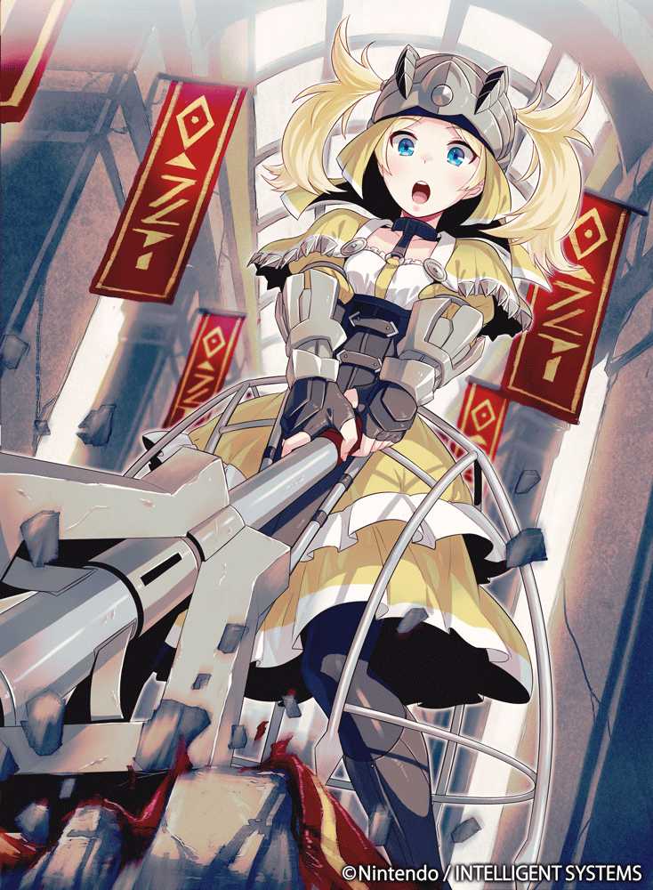1girl blonde_hair blue_eyes boots company_connection copyright_name dress fingerless_gloves fire_emblem fire_emblem:_kakusei fire_emblem_cipher gauntlets gloves helmet holding holding_weapon knee_boots liz_(fire_emblem) open_mouth pantyhose solo twintails weapon
